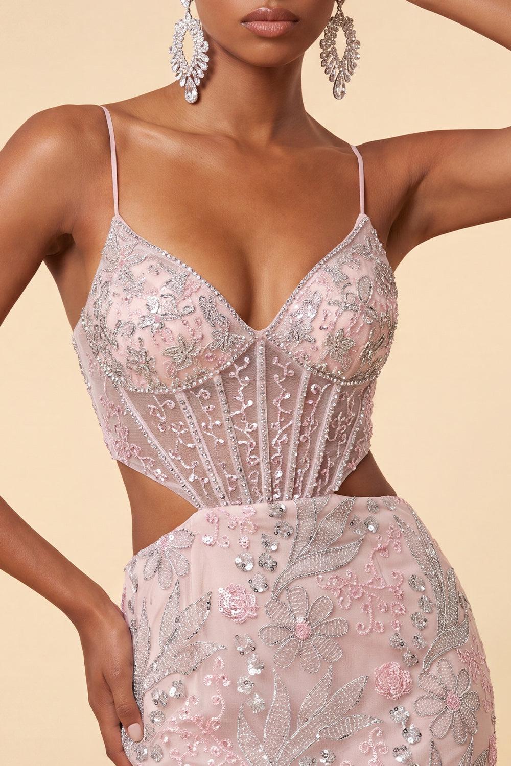 Floral Sparkly Blush Corset Tight Cut Out Short Homecoming Dress