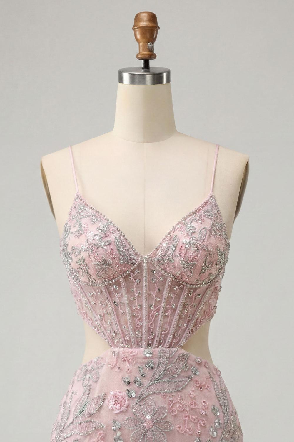 Floral Sparkly Blush Corset Tight Cut Out Short Homecoming Dress