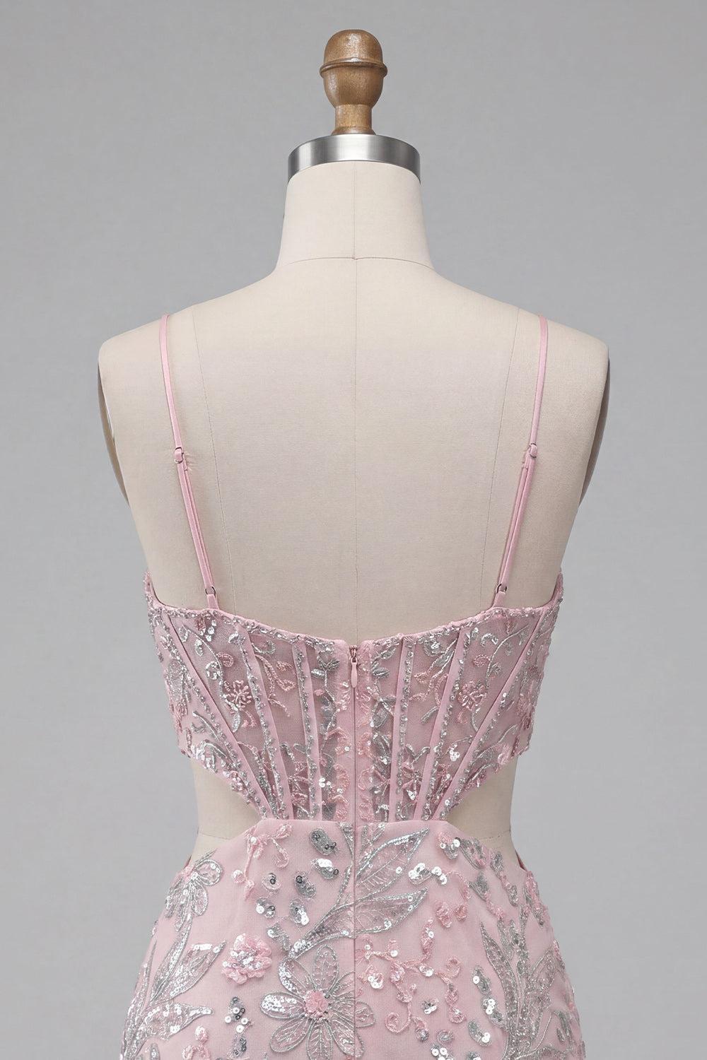 Floral Sparkly Blush Corset Tight Cut Out Short Homecoming Dress