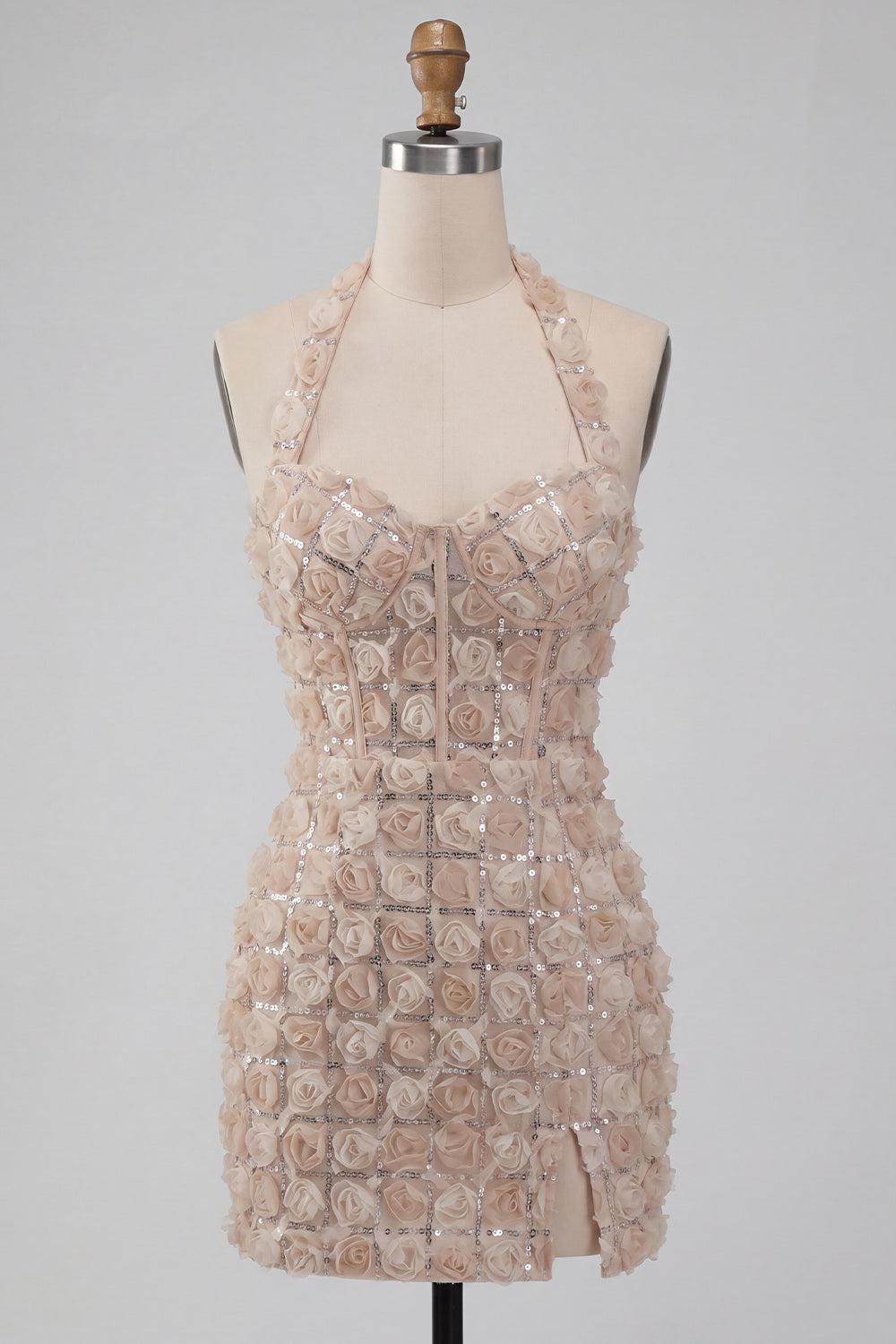 Floral Sparkly Champagne Sequin Tight Short Corset Homecoming Dress