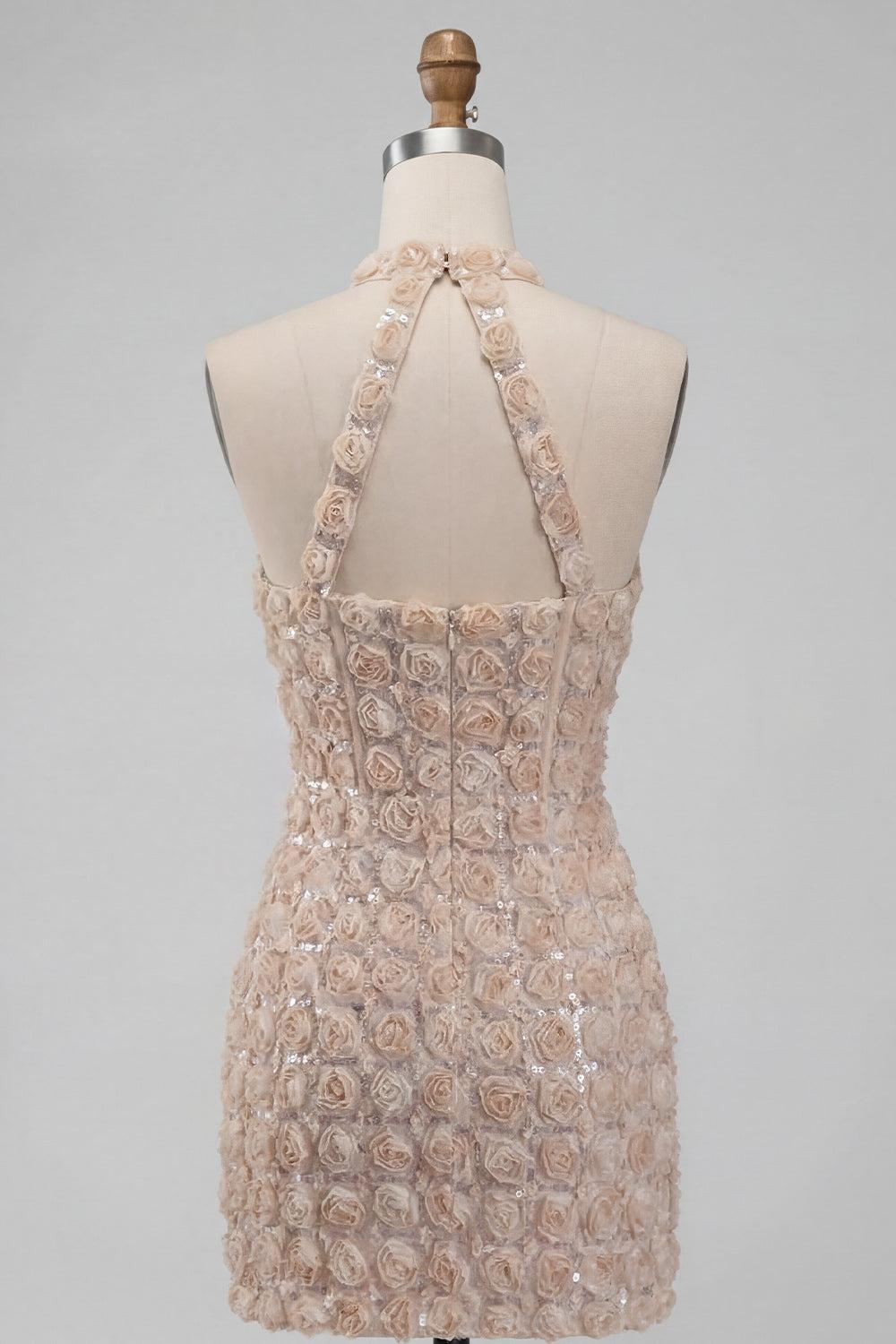 Floral Sparkly Champagne Sequin Tight Short Corset Homecoming Dress