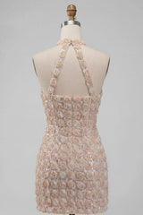 Floral Sparkly Champagne Sequin Tight Short Corset Homecoming Dress