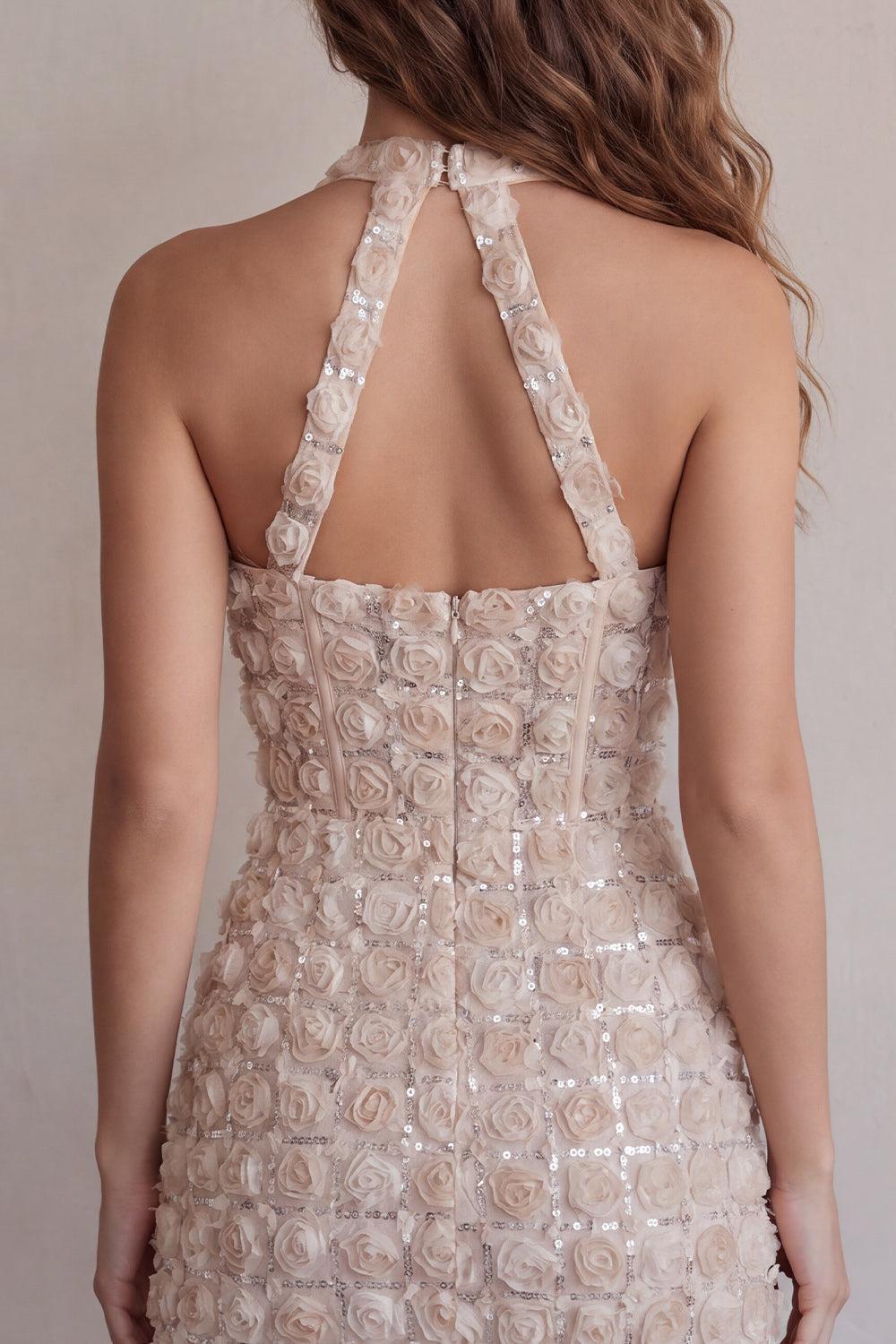 Floral Sparkly Champagne Sequin Tight Short Corset Homecoming Dress