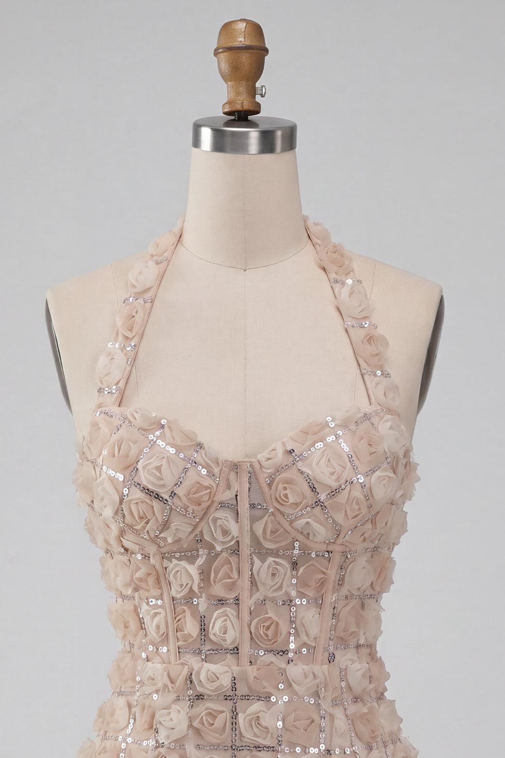 Floral Sparkly Champagne Sequin Tight Short Corset Homecoming Dress