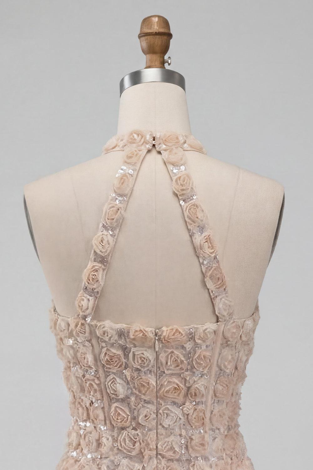 Floral Sparkly Champagne Sequin Tight Short Corset Homecoming Dress