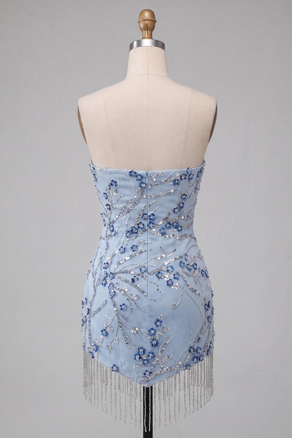 Floral Sparkly Dusty Blue Tight Sequins Short Homecoming Dress with Fringes