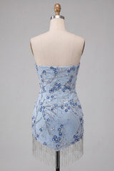 Floral Sparkly Dusty Blue Tight Sequins Short Homecoming Dress with Fringes