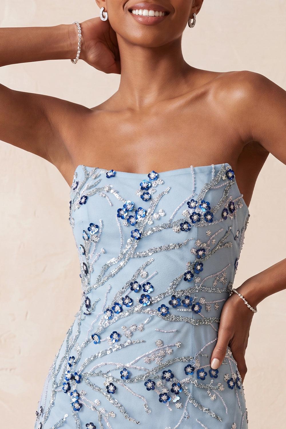 Floral Sparkly Dusty Blue Tight Sequins Short Homecoming Dress with Fringes