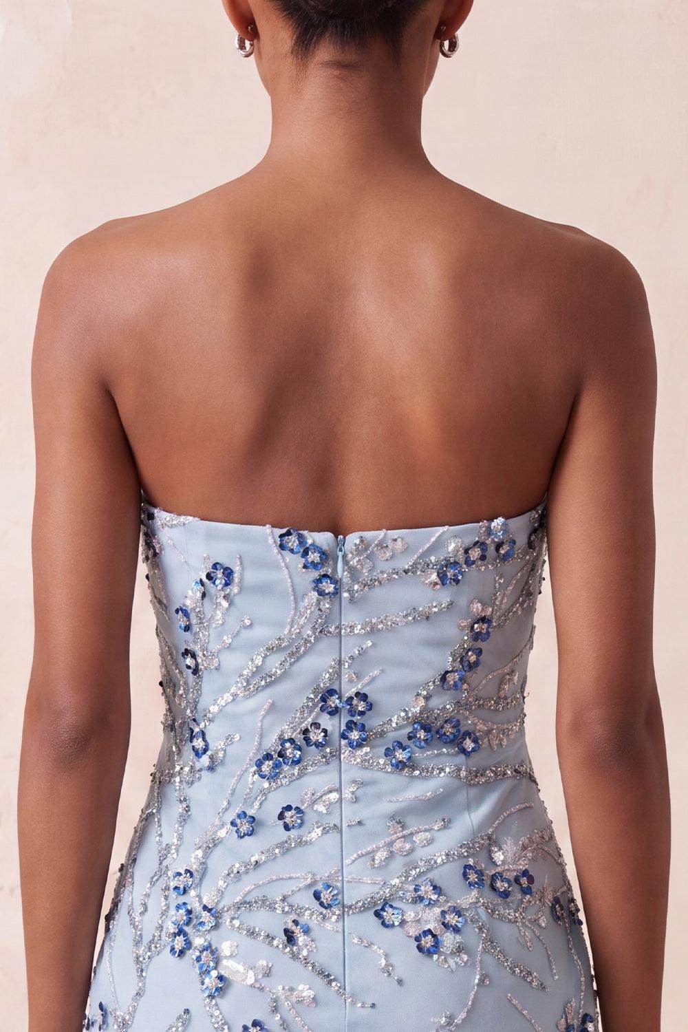 Floral Sparkly Dusty Blue Tight Sequins Short Homecoming Dress with Fringes