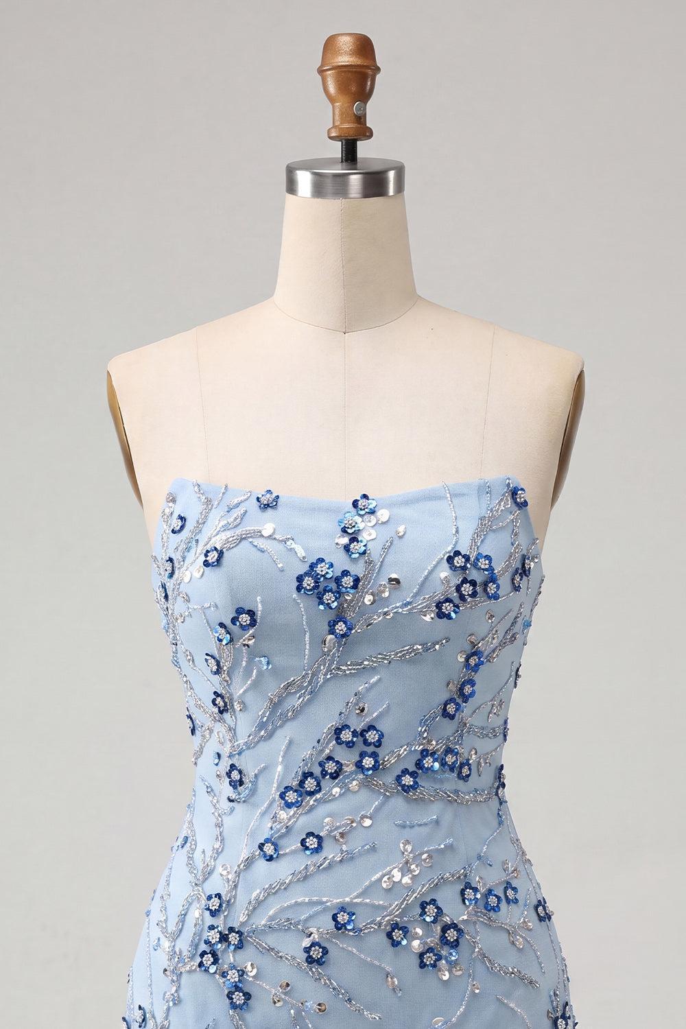 Floral Sparkly Dusty Blue Tight Sequins Short Homecoming Dress with Fringes