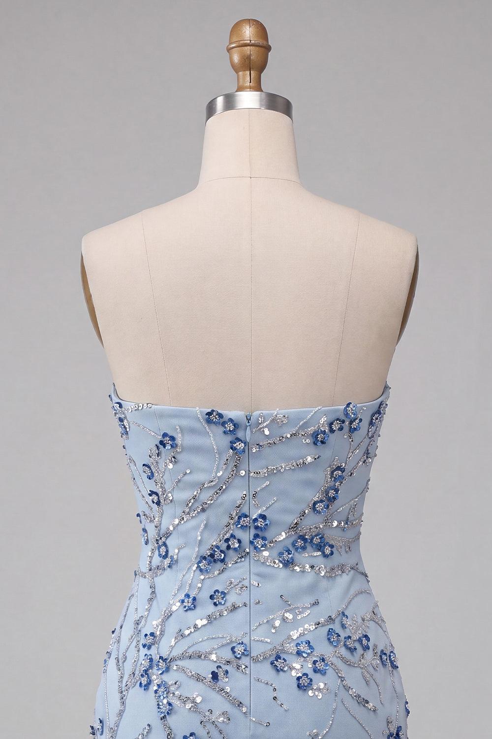 Floral Sparkly Dusty Blue Tight Sequins Short Homecoming Dress with Fringes