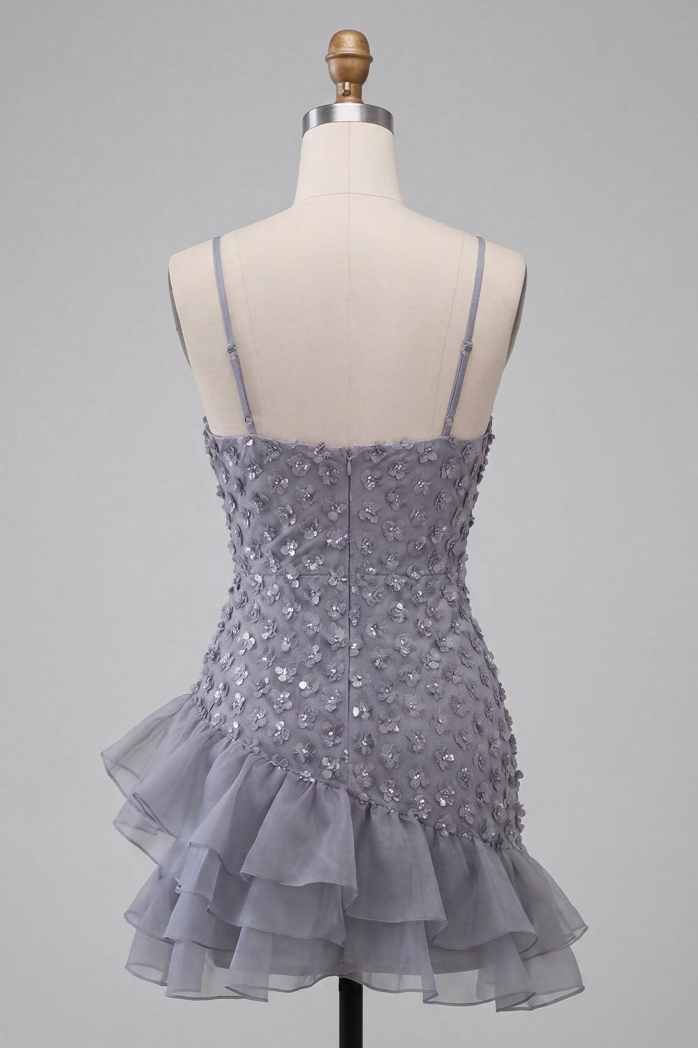 Floral Sparkly Dusty Lavender Sequin Tight Short Homecoming Dress with Ruffles