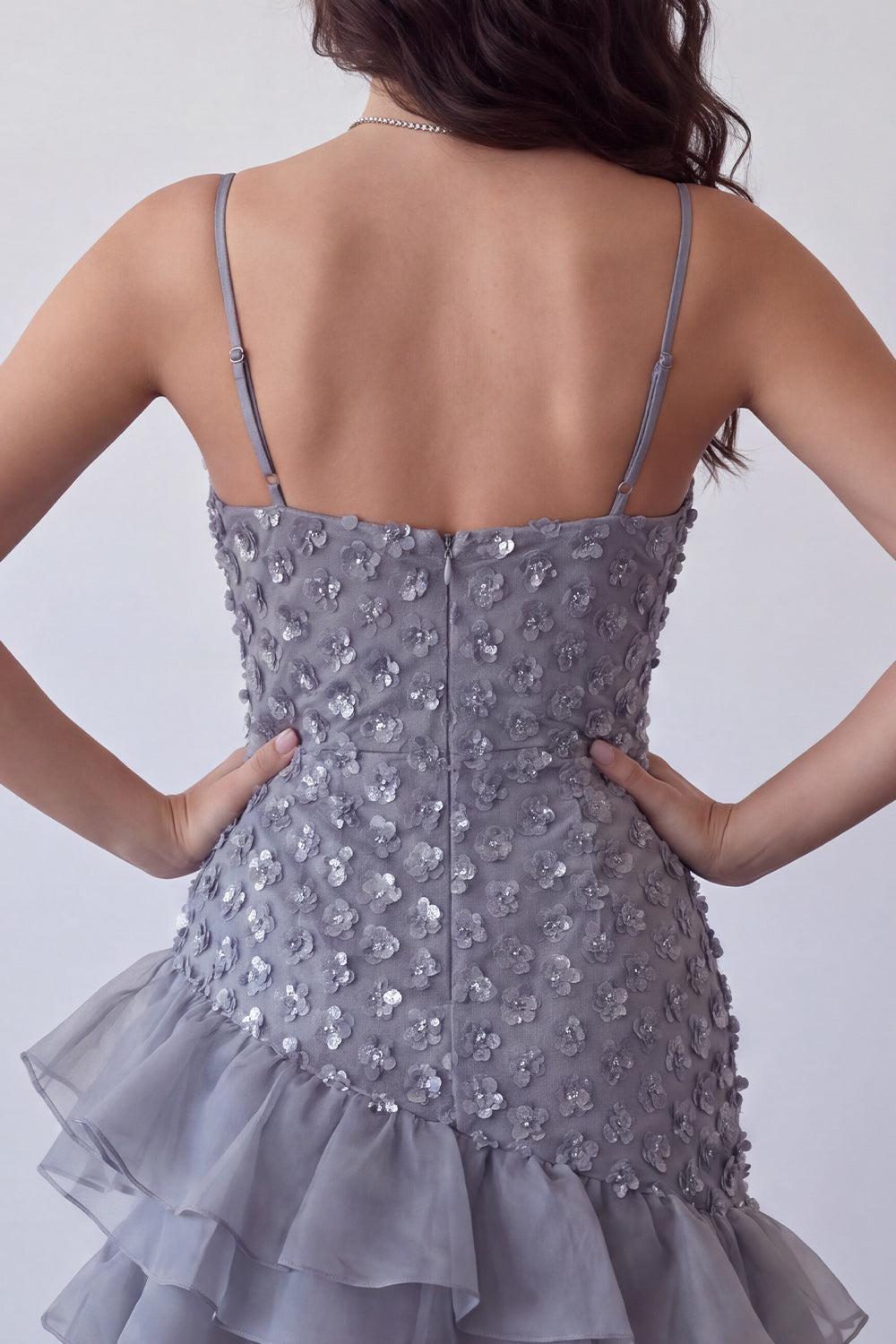 Floral Sparkly Dusty Lavender Sequin Tight Short Homecoming Dress with Ruffles