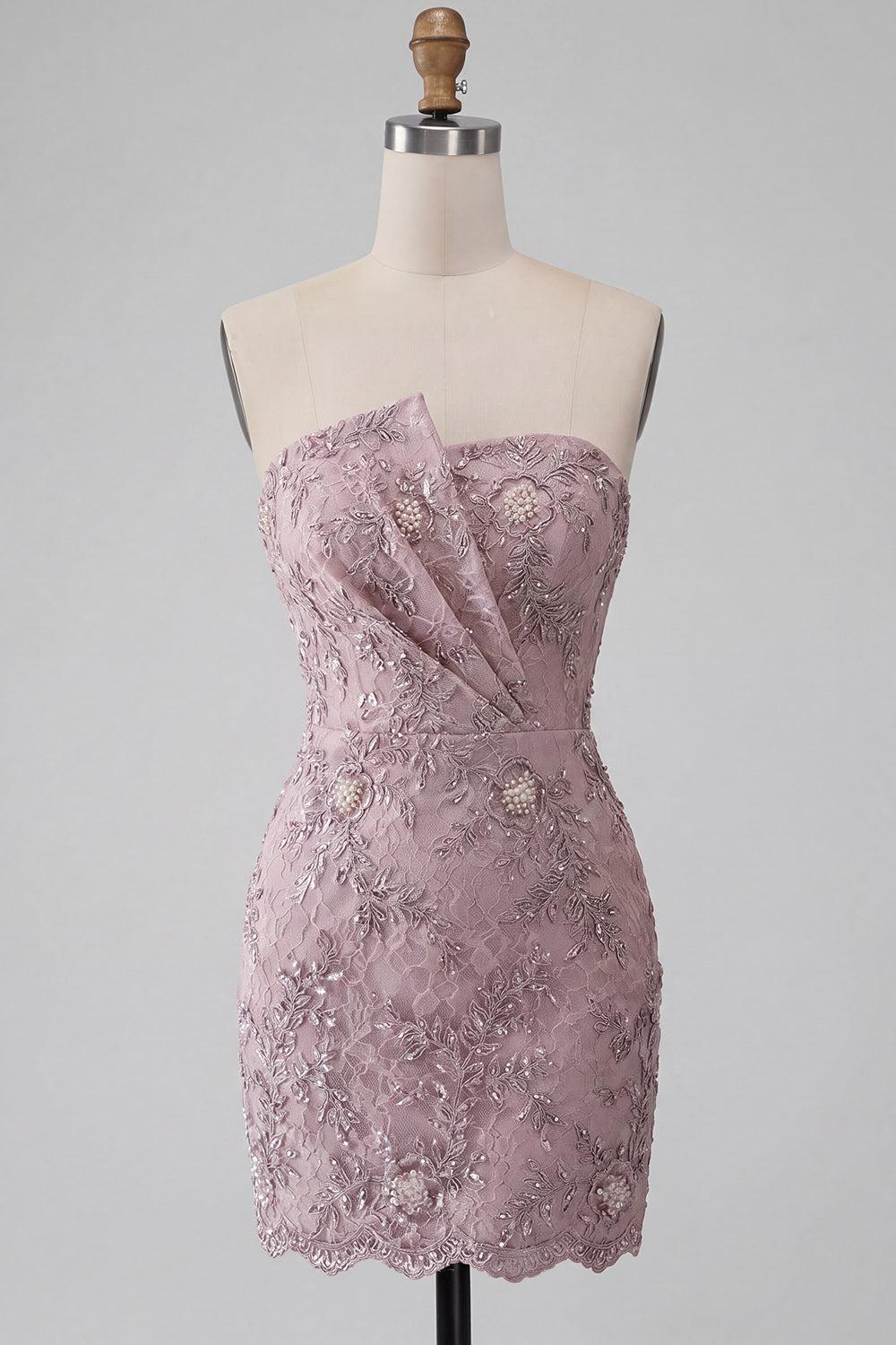 Floral Sparkly Fog Lace Strapless Tight Short Beaded Homecoming Dress