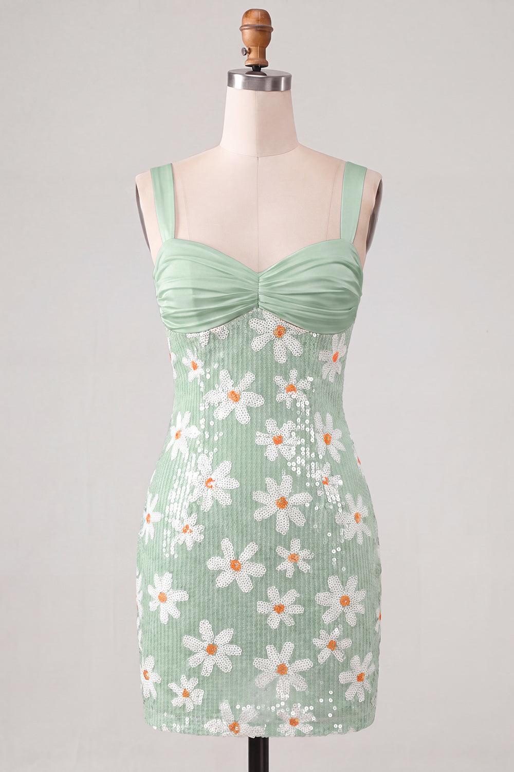 Floral Sparkly Green Sequins Tight Ruched Short Homecoming Dress