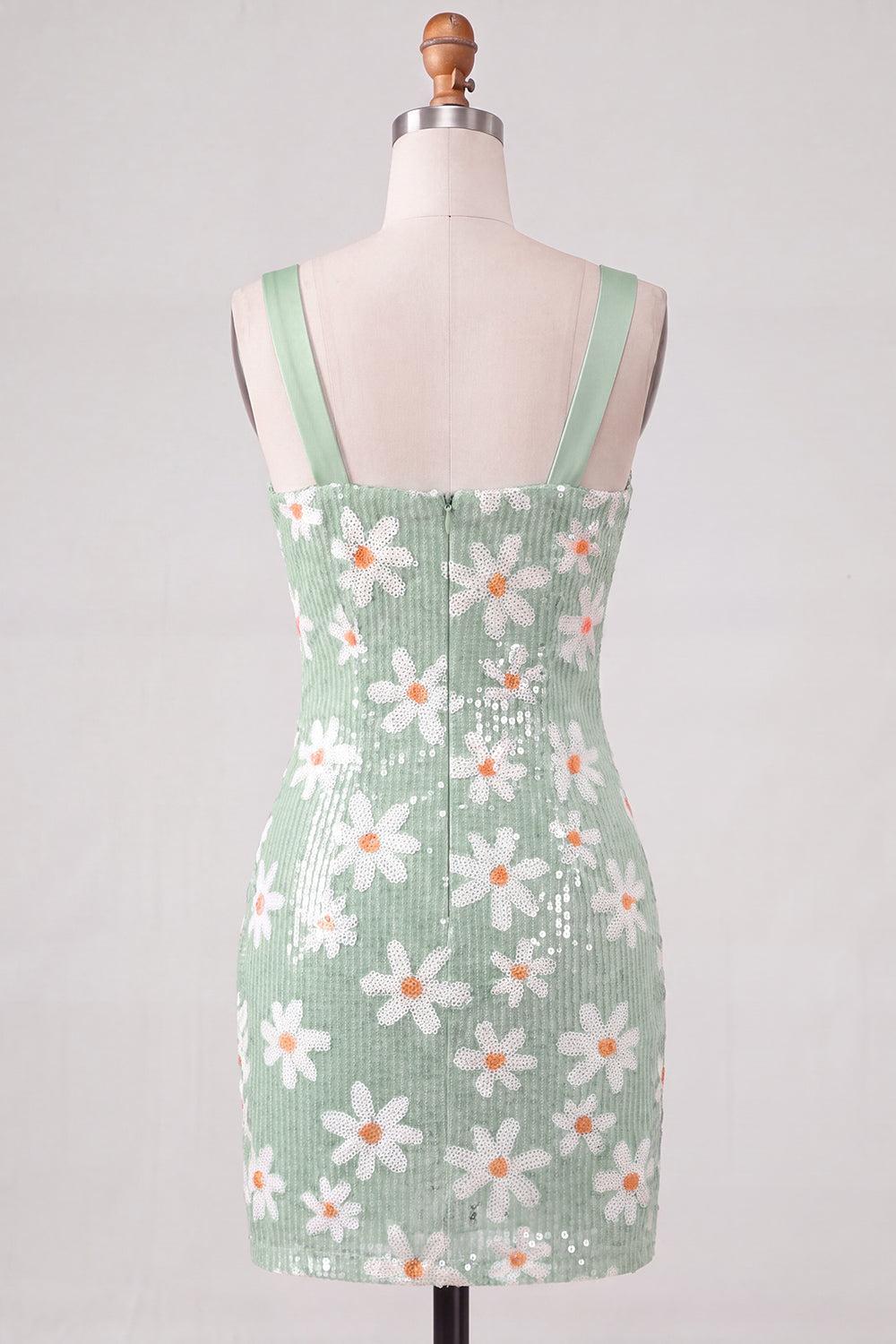Floral Sparkly Green Sequins Tight Ruched Short Homecoming Dress