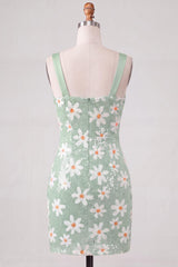 Floral Sparkly Green Sequins Tight Ruched Short Homecoming Dress