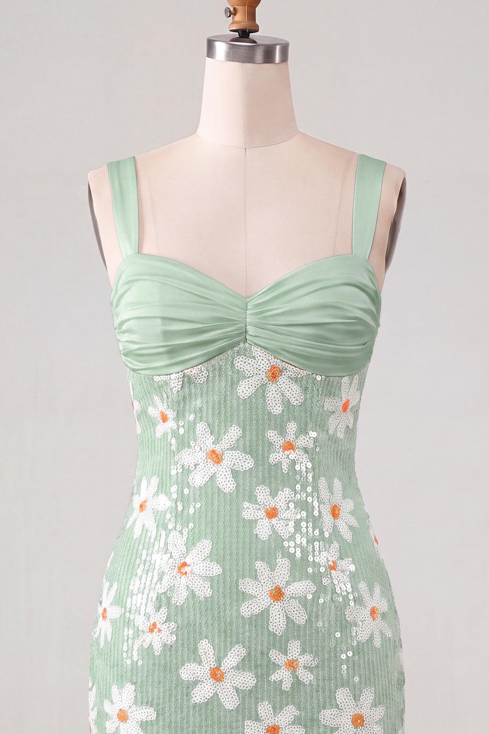 Floral Sparkly Green Sequins Tight Ruched Short Homecoming Dress