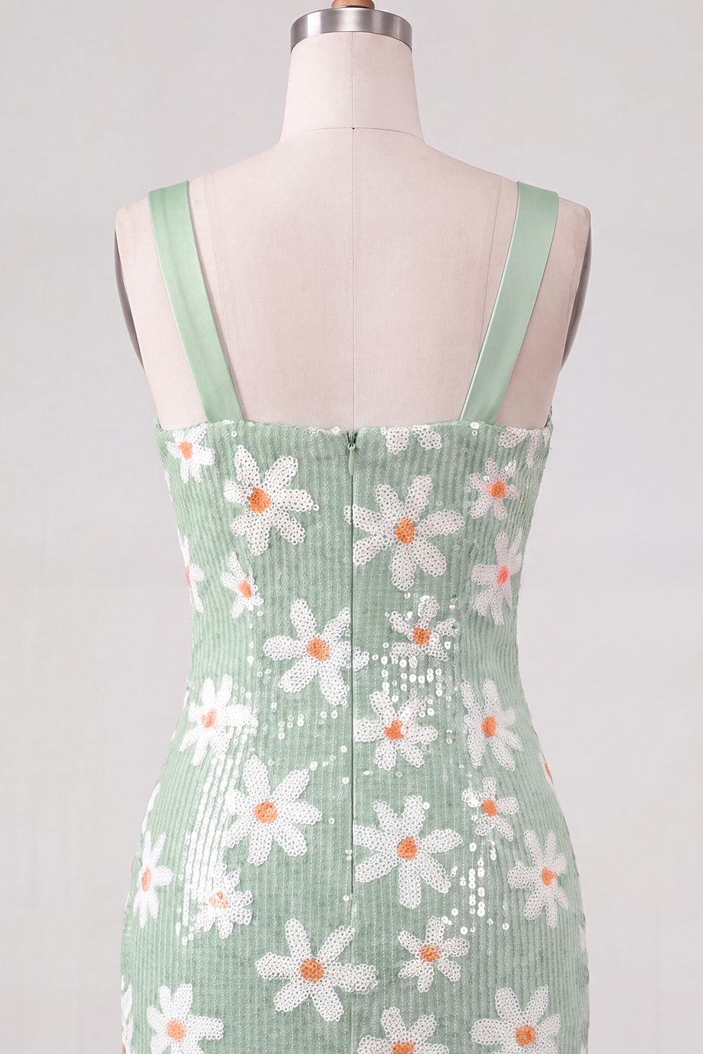 Floral Sparkly Green Sequins Tight Ruched Short Homecoming Dress