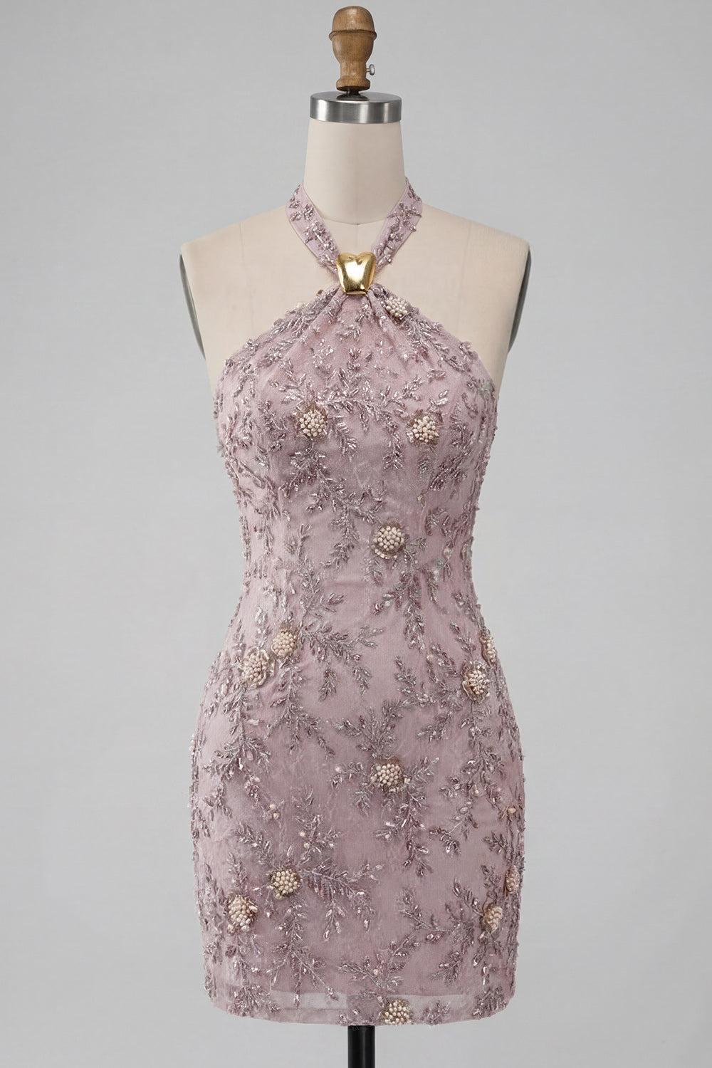 Floral Sparkly Halter Fog Tight Short Beaded Homecoming Dress