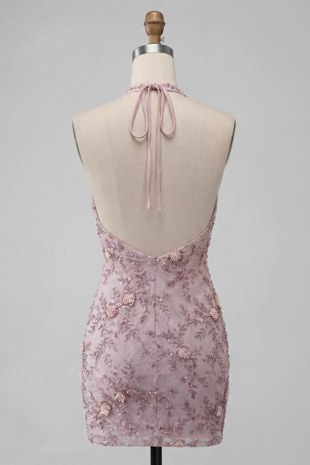 Floral Sparkly Halter Fog Tight Short Beaded Homecoming Dress