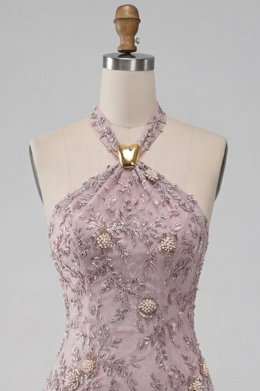 Floral Sparkly Halter Fog Tight Short Beaded Homecoming Dress