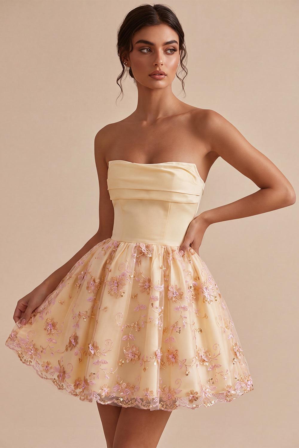 Floral Sparkly Light Yellow A-Line Sequin Short Homecoming Dress