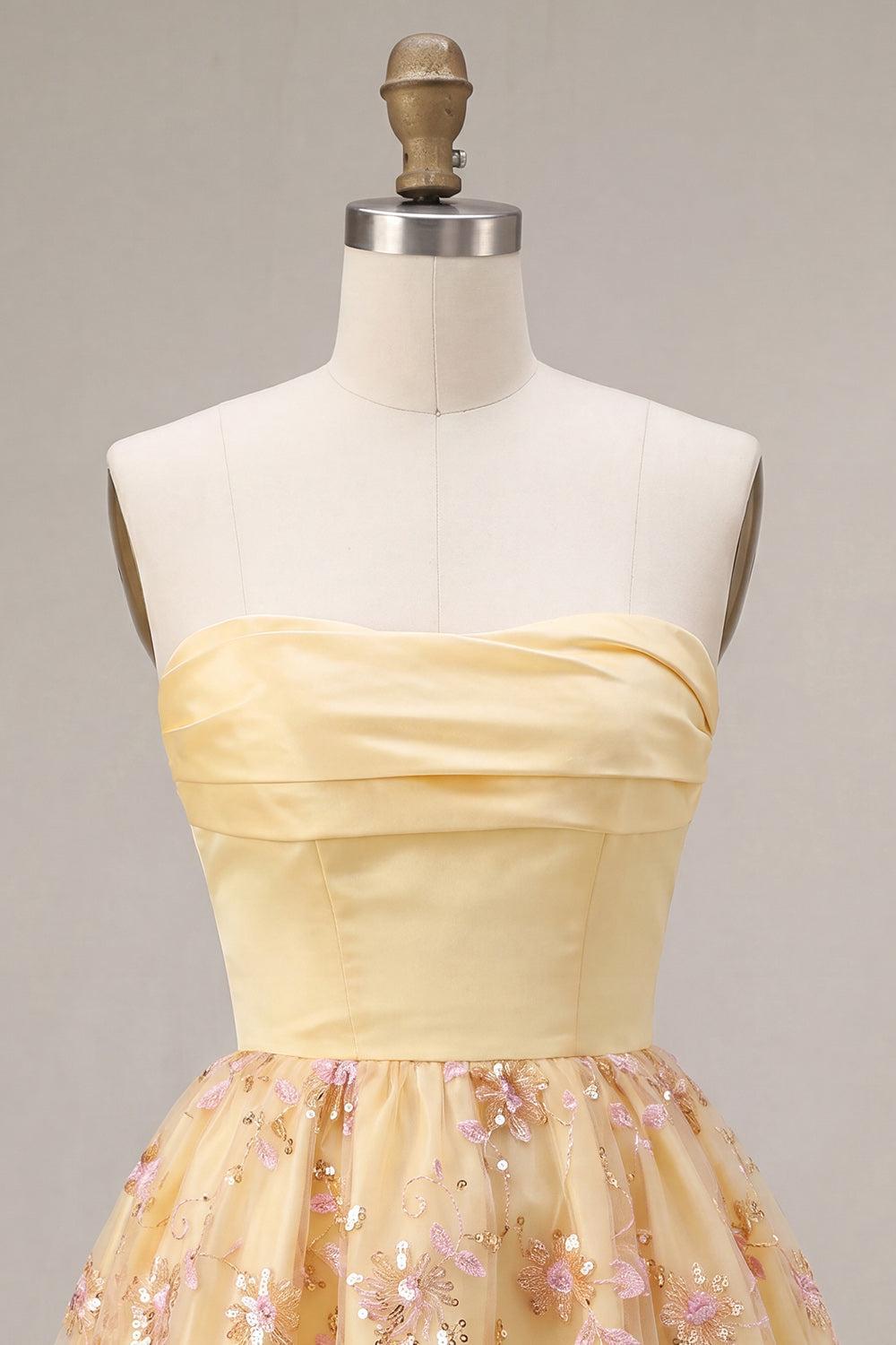 Floral Sparkly Light Yellow A-Line Sequin Short Homecoming Dress