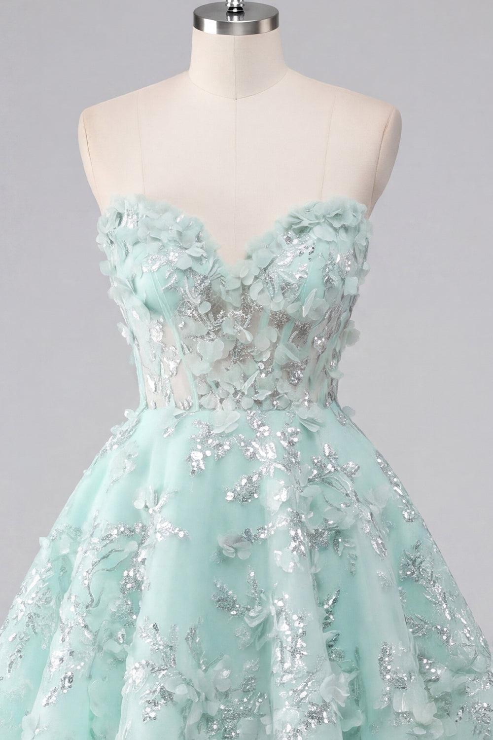 Floral Sparkly Mint Corset Beaded Short Sweetheart A Line Homecoming Dress