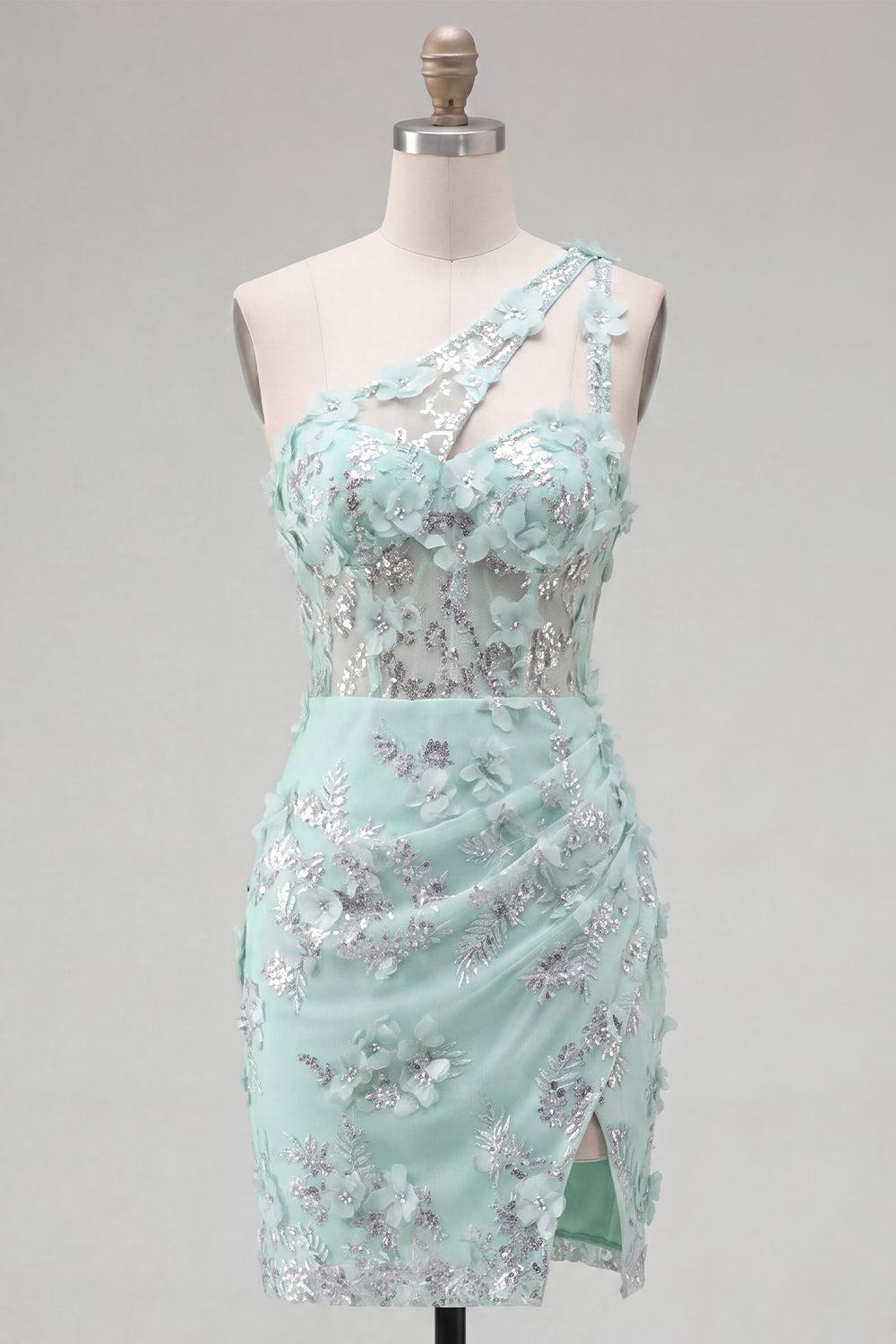 Floral Sparkly Mint Corset Beaded Tight Short Keyhole Homecoming Dress with Slit