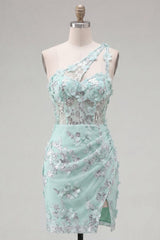Floral Sparkly Mint Corset Beaded Tight Short Keyhole Homecoming Dress with Slit