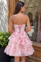 Floral Sparkly Pink Beaded Short Corset Homecoming Dress with Ruffles