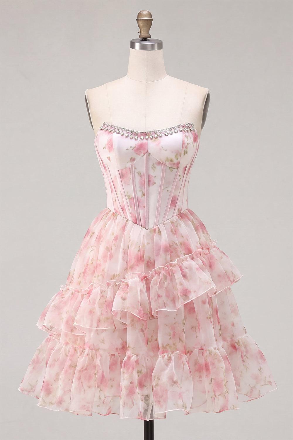 Floral Sparkly Pink Beaded Short Corset Homecoming Dress with Ruffles