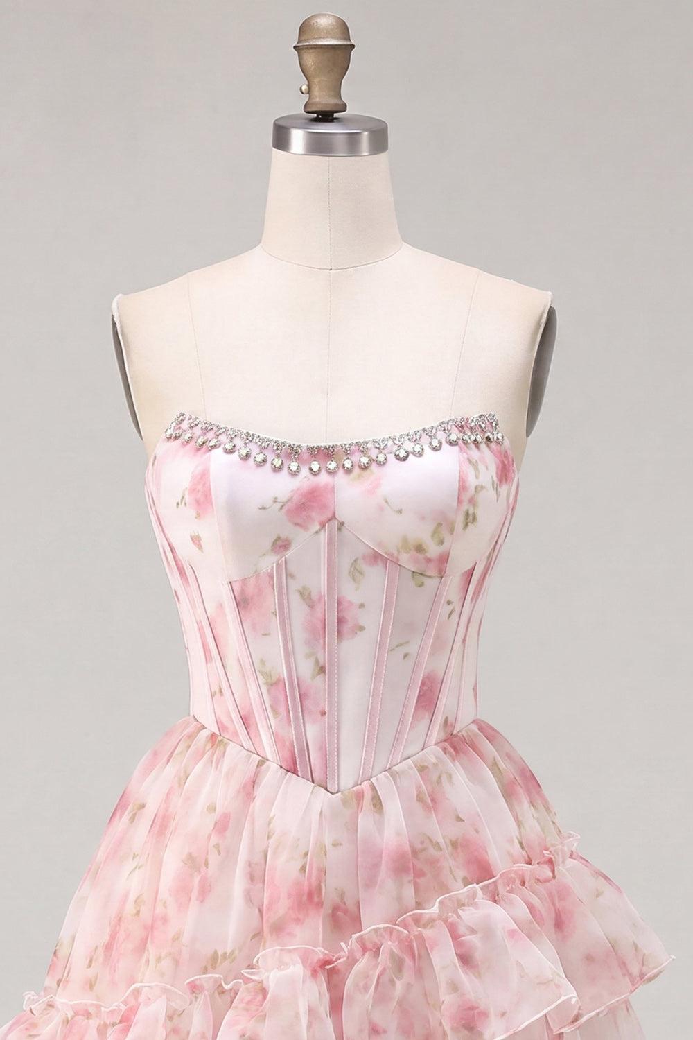 Floral Sparkly Pink Beaded Short Corset Homecoming Dress with Ruffles
