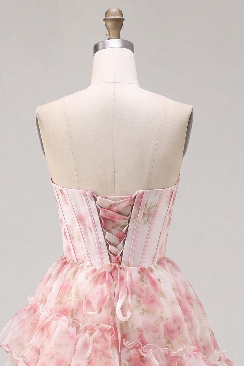 Floral Sparkly Pink Beaded Short Corset Homecoming Dress with Ruffles
