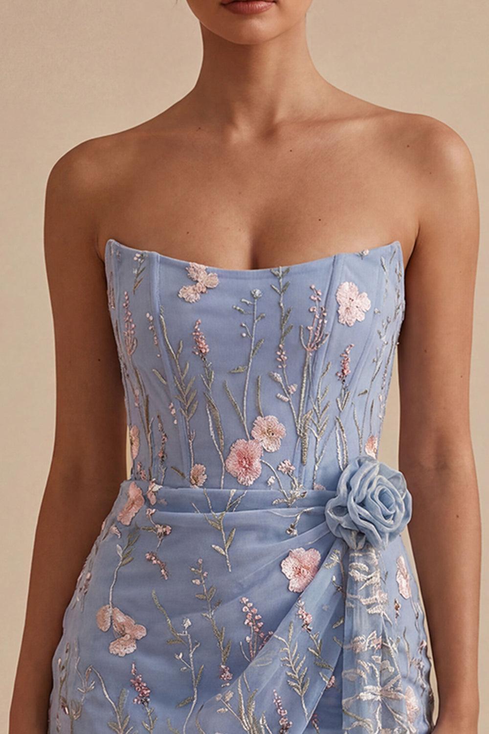 Floral Strapless Light Blue Beaded Tight Short Homecoming Dress