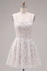 Floral White Beaded Lace Scoop Neck A-Line Short Homecoming Dress