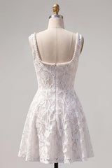 Floral White Beaded Lace Scoop Neck A-Line Short Homecoming Dress