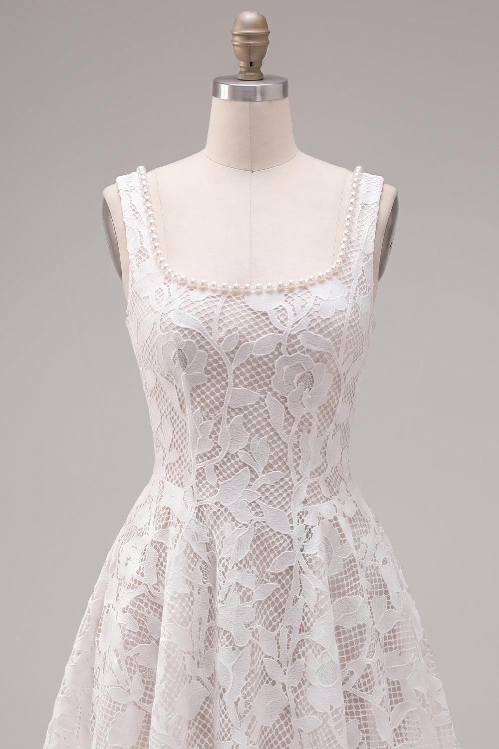 Floral White Beaded Lace Scoop Neck A-Line Short Homecoming Dress