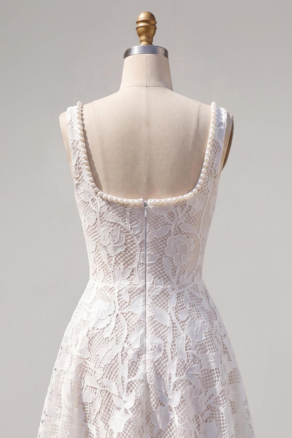 Floral White Beaded Lace Scoop Neck A-Line Short Homecoming Dress