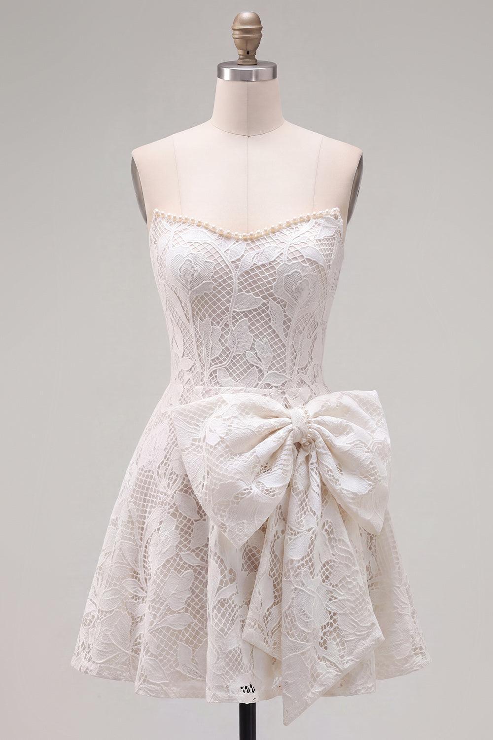 Floral White Lace A-Line Strapless Short Homecoming Dress with Bow