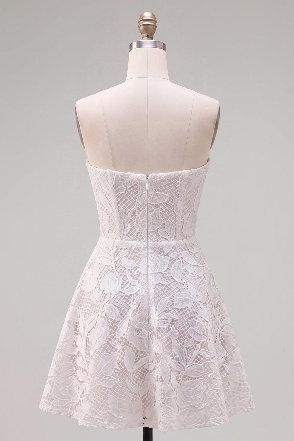 Floral White Lace A-Line Strapless Short Homecoming Dress with Bow