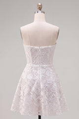 Floral White Lace A-Line Strapless Short Homecoming Dress with Bow