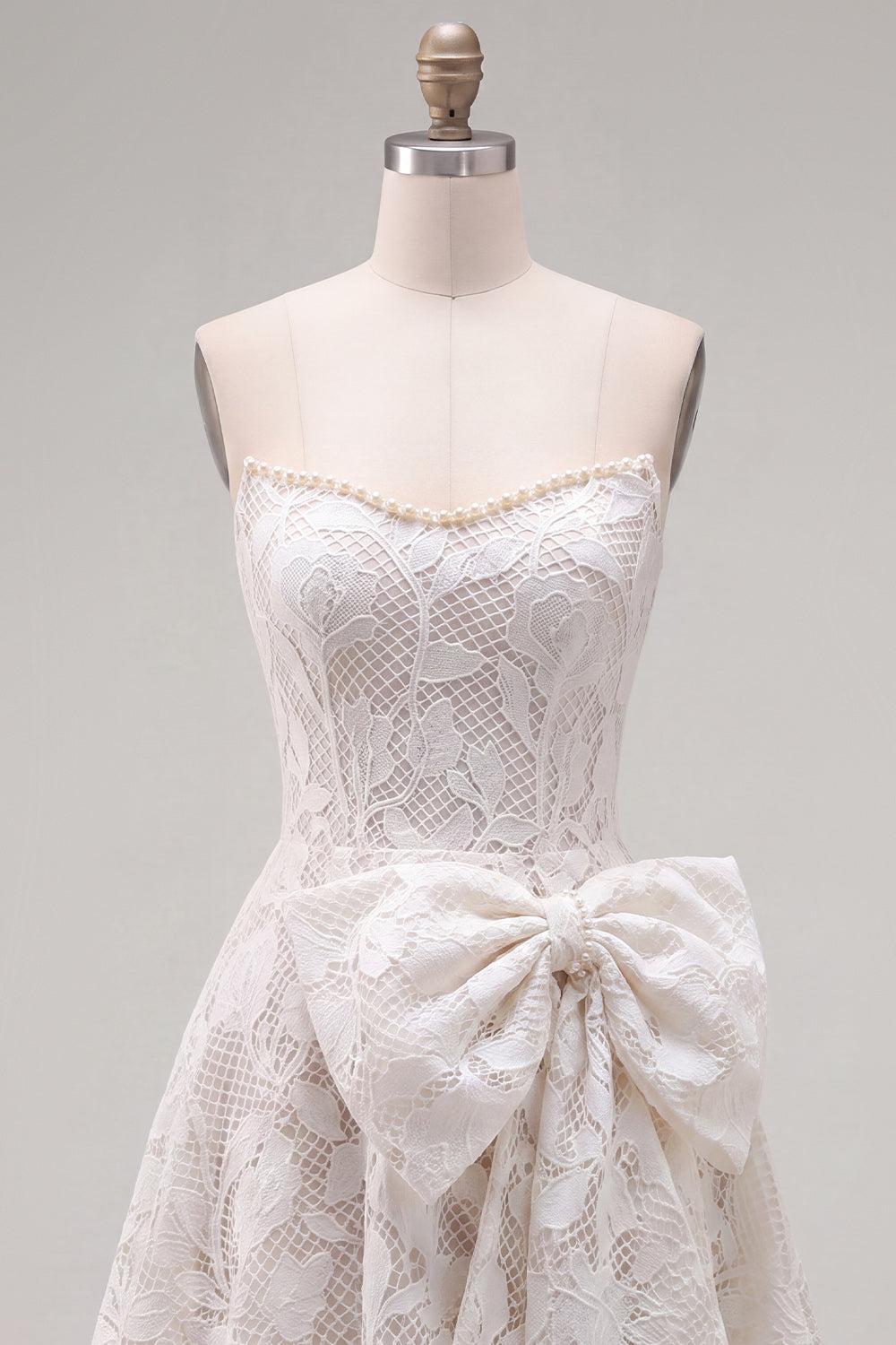 Floral White Lace A-Line Strapless Short Homecoming Dress with Bow