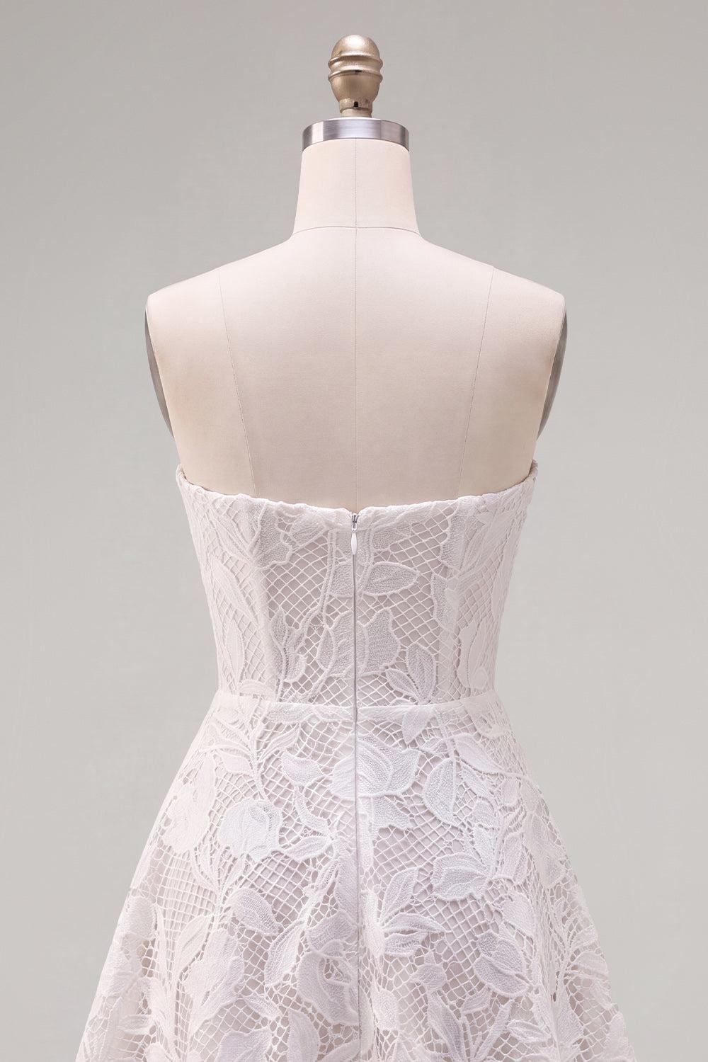 Floral White Lace A-Line Strapless Short Homecoming Dress with Bow