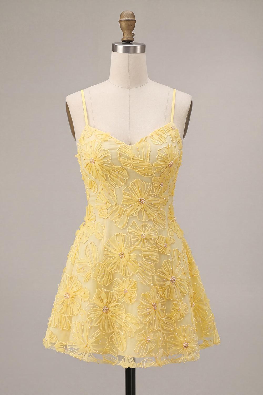 Floral Yellow A-Line Beaded Short Homecoming Dress