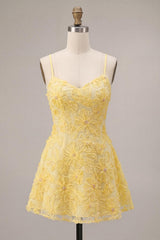 Floral Yellow A-Line Beaded Short Homecoming Dress