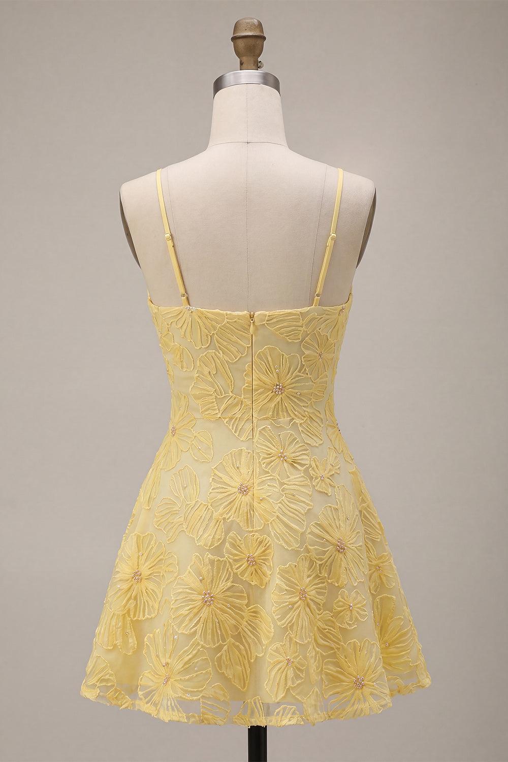 Floral Yellow A-Line Beaded Short Homecoming Dress
