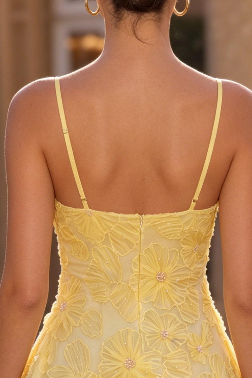 Floral Yellow A-Line Beaded Short Homecoming Dress