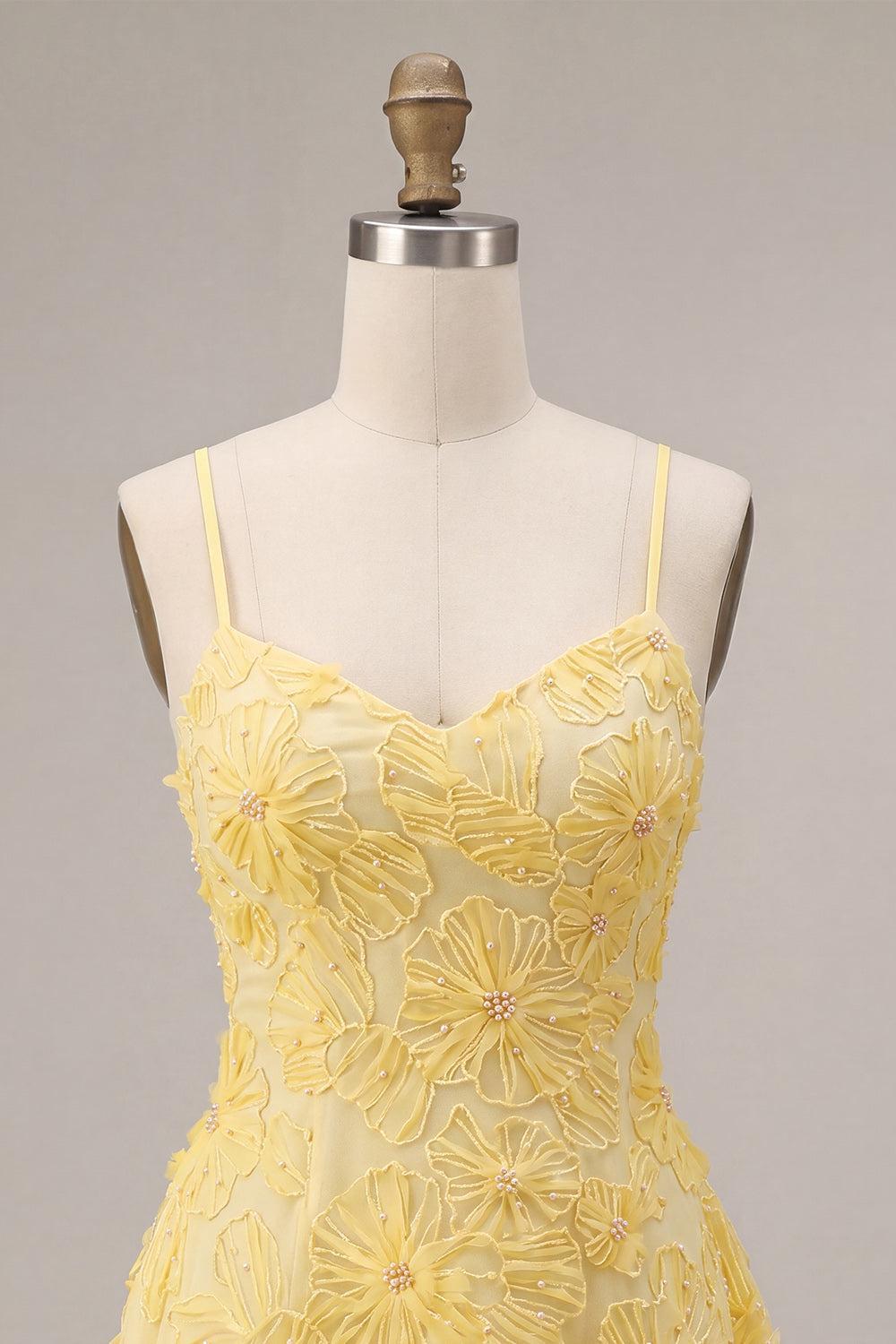 Floral Yellow A-Line Beaded Short Homecoming Dress
